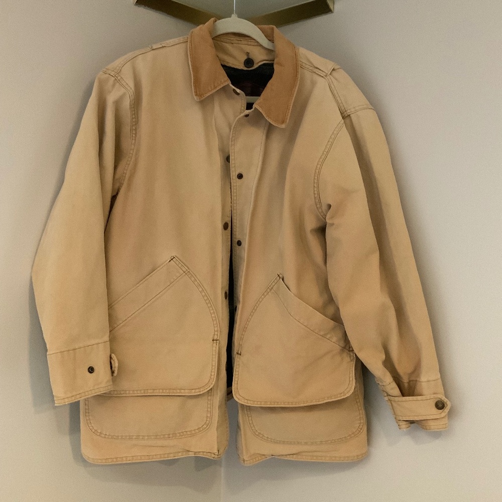 Woolrich Tan Canvas Utility Jacket with Brown Corduroy Collar